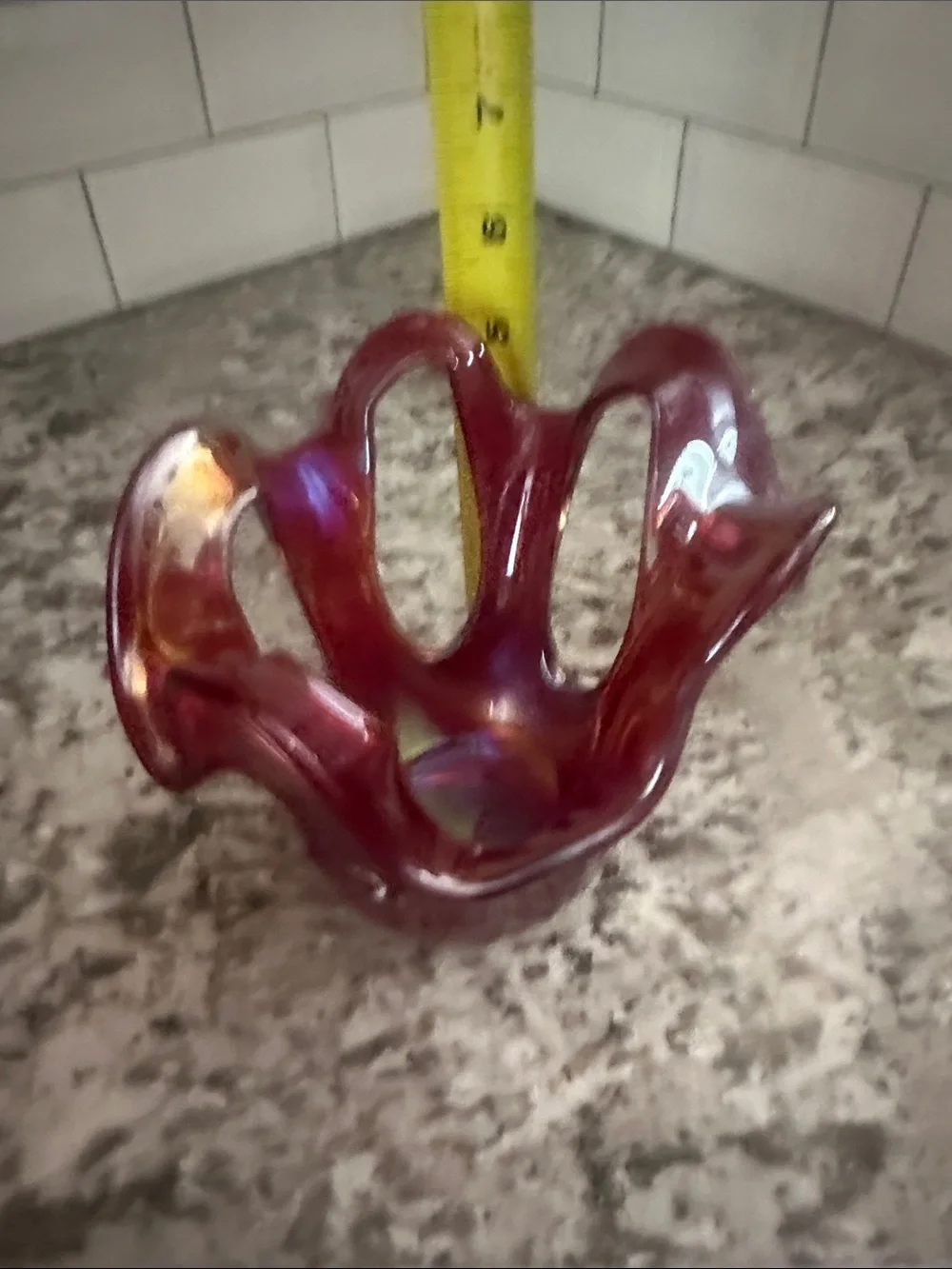 Ruffled Glass Candle Holder - Deep Red with Gold Accents
